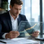 Professionnel analysant des donnees financieres futuristes