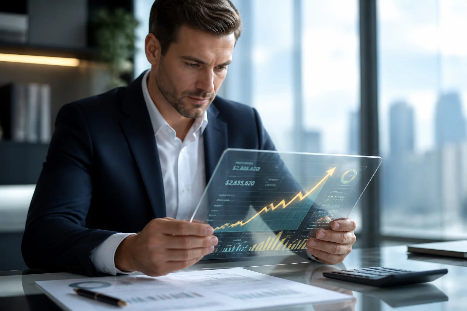 Professionnel analysant des donnees financieres futuristes